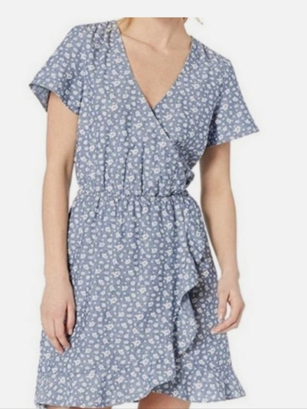 J Crew Floral Chambray Faux Wrap Ruffle Dress